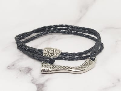 Mei's - Viking Wrapped Axe - armband heren - leer/RVS zilver/zwart - polsmaat 17,5 cm