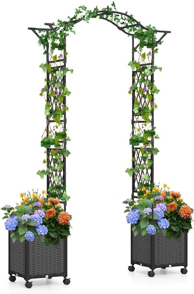 COSTWAY 2-in-1 rozenboog met bloembak, 250 cm, tuinboog van metaal en PP, latwerk met 2 plantenbakken op wielen en drainagegaten, klimboog, poortboog voor klimplanten, outdoor, grijs