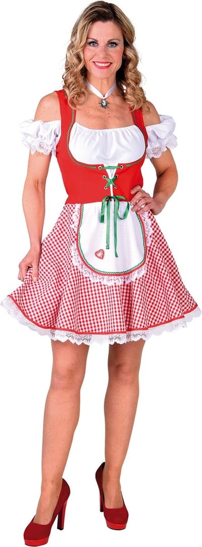 Magic By Freddy's - Boeren Tirol & Oktoberfest Kostuum - Lea Lager Oktoberfest - Vrouw - Rood, Wit / Beige - Small - Bierfeest - Verkleedkleding