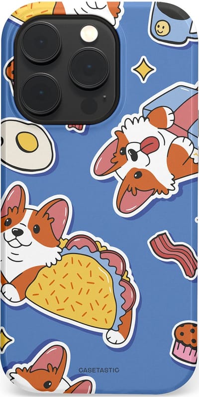 Casetastic Hoesje Geschikt voor Apple iPhone 14 Pro Magsafe - Stijlvolle Beschermende Duo-layer Case - Corgi en Snacks