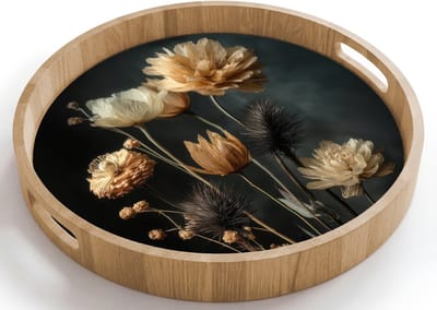 Dienblad rond 40x40 cm - Schootdienblad hout - Boeket - Bloemen - Licht - Zwart - Borrelplank rechthoek - Plateau houten dienbladen