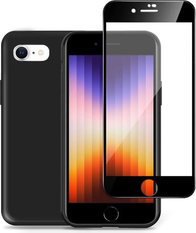 Hoesje geschikt voor iPhone SE 2022 + Screenprotector – Full Screen Tempered Glass - Liquid Back Case Cover Zwart