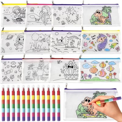 SnelShoppen - Creatieve Fabric Bags voor Kinderen - Set van 12 Unieke Kleurzakken met 12 Stapelbare Waxkrijtjes - Perfect voor Kinderfeestjes, Knutsel