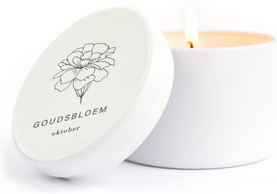 Maan Amsterdam - Geurkaarsje - Geboortebloem oktober in wit blikje - 100% vegan soja was - cadeau kaars