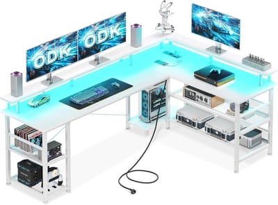 Gamingbureau met LED-verlichting, omkeerbaar en groot hoekbureau met extra stopcontacten en USB-poorten