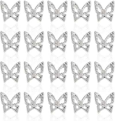 Dailygoods- Nageldecoratie 20 Stuks - Vlinder Nagelkunstaccessoires - Strass Decoratie - Legering - Doe-Het-Zelf Knutseldecoratie - Zilveren Vlinders - Nailart