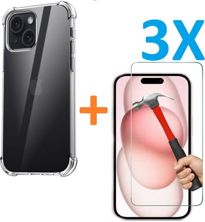 Shock-proof silicone hoesje met 3 Pack Tempered glas Screen Protector - transparant - Geschikt voor: iPhone 15