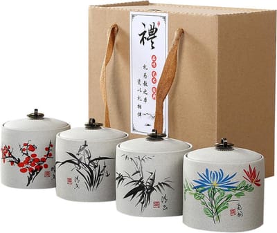 Thee bewaarpot set - 4 beschilderde Chinese potten met deksel - Keramiek