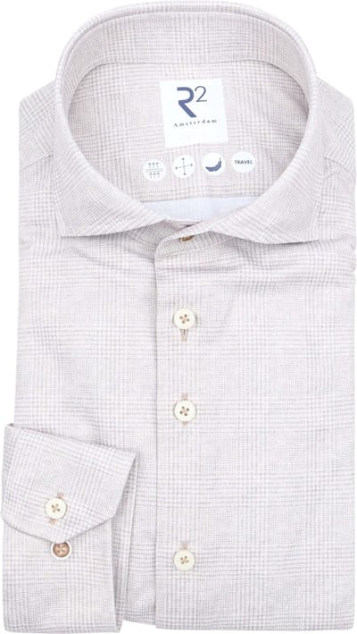 R2 Overhemd Glenchek Travel Beige - Maat 38 - Heren - Overhemden Formeel
