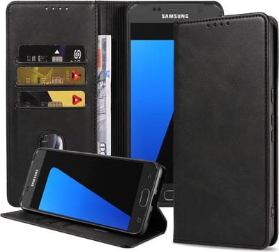 Smartphonica Samsung Galaxy S7 Edge kunstleren hoesje met magnetische sluiting en pashouders book case - zwart geschikt voor Samsung Galaxy S7 Edge