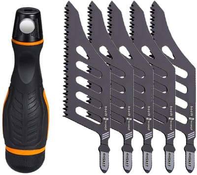 Fafeicy 5 Stuks Flush Cut Jigsaw Flush Cutting Zaagblad Hoog Koolstofstaal 3 Zijdige Tanden Ontwerp voor Gipsplaten Multiplex Kunststof met ABS Handvat