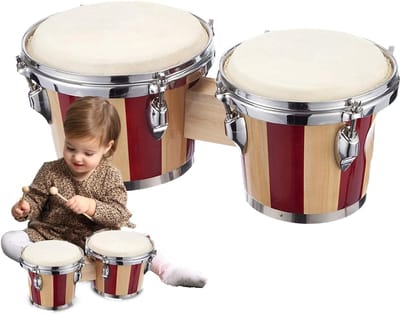 Bongo Trommel - Percussie Instrument - Muziek Ontwikkeling - Houten Constructie - 15 en 17 cm - Rood en Wit