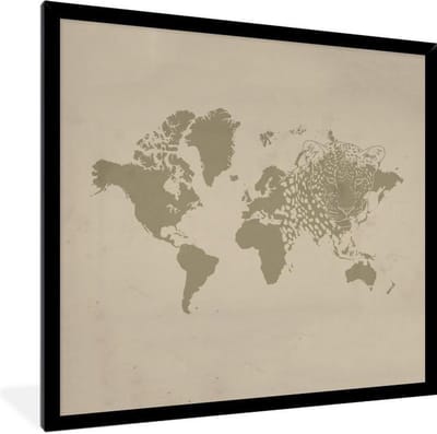Poster in lijst - Fotolijst 40x40 cm - Posters - Wereldkaart - Panter - Bruin - Posterlijst zwart - Decoratie - Wanddecoratie woonkamer - Muurdecoratie slaapkamer