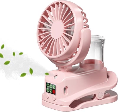 Clip-On Cooling Ventilator - Ventilator Met Waternevel - 4 Standen - Draagbare Mini Ventilator - Mini Fan - Waaier - Luchtbevochtiger - Mini Airco - Draadloze Tafelventilator - 800MAH USB Oplaadbaar - Voor Thuiskantoor, Reizen, Buiten - Roze