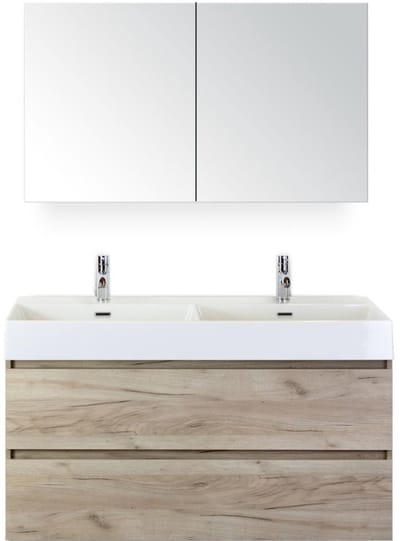 Maxx XL Badmeubelset 120 cm - Craft Oak - Wastafel Kube Dubbel 2 Kraangaten met Spiegelkast