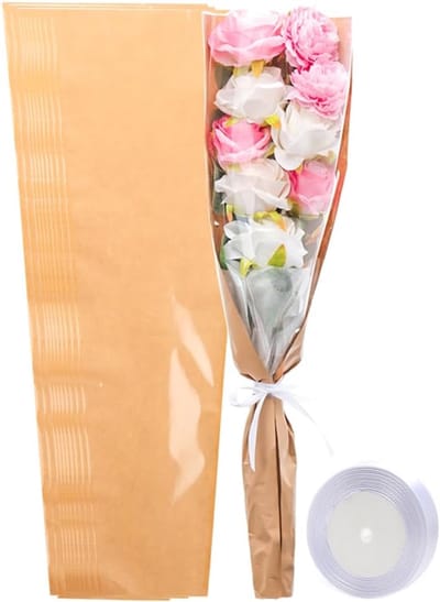 Bloemenzakken Boeketten - Bloemeninpakpapier Zakken - Bloemschikken Presenteren - Met Lint en Raam - 61 x 20 x 10 cm