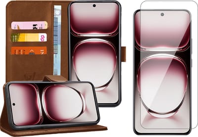 Hoesje geschikt voor Oppo Reno 12 - Screenprotector Glas - Portemonnee Book Case Bruin
