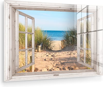 MuchoWow® Glasschilderij 30x20 cm - Schilderij acrylglas - Doorkijk - Strand - Zee - Duinen - Zand - Water - Helmgras - Foto op glas - Muurdecoratie woonkamer - Wanddecoratie slaapkamer - Schilderijen