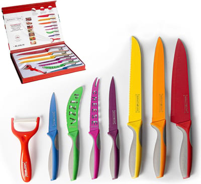Royalty Line® COL7A Messenset - 8-Delig - Keukenmes - Broodmes - Vleesmes - Dunschiller - Schilmes - Pizzames - Koksmessen Set - Keuken Messenset - Keukenset - Antiaanbaklaag - Multi Gekleurde