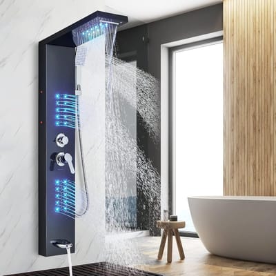 Douchekolom Zwart Geïntegreerd Douchepaneel systeem met LED-lichaamsstralen,5 modi van roestvrijstalen,Multifunctionele Douchetoren voor de badkamer