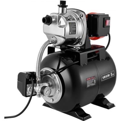 VEVOR Huishoudelijk Waterleidingsysteem 1 HP 3750 L/u Diepwaterpomp met 1,4-2,8 bar drukvat, voor tuin, gazon en huishoudelijk gebruik, 39 m opvoerhoogte, 8 m aanzuighoogte, IPX4 waterdichtheid en manometer