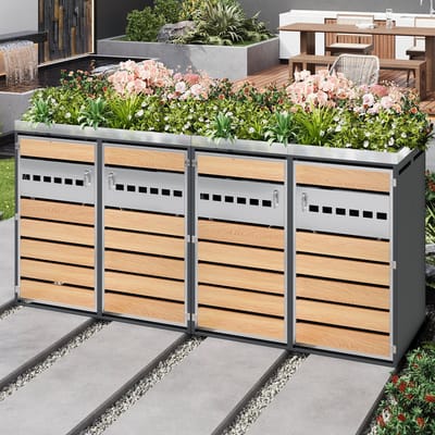 HAUSS SPOLE Afvalcontainer Ombouw - Vier Vakken Met Plantbak En Geperforeerde Deuren - Afsluitbaar Voor Tuin En Oprit - Staal - Grijs Houtlook