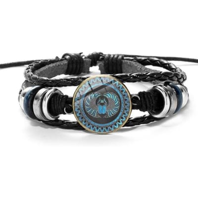 Bracelet vintage scarabée égyptien symbole de force Égypte antique punk bracelets en cuir noir tissé bracelets à boutons en verre black