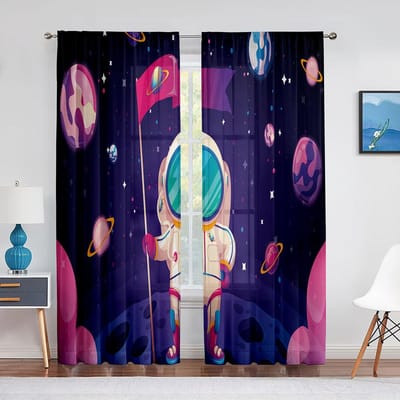 Cartoon Buitenruimte Astronaut Planeet Transparante Voile Gordijnen voor Woonkamer Slaapkamer Keuken Decor Chiffon Tule Raamgordijnen 1 PCS W100XH250cm&Grommet Top