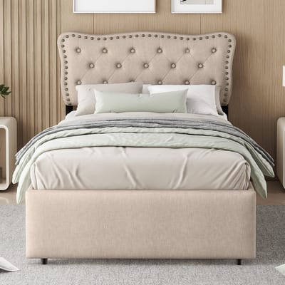 90x200 cm gestoffeerd bed - eenpersoonsbed - met decoratieve nagels bedtafel kussen - met 2 lades - diep beige - zonder matras