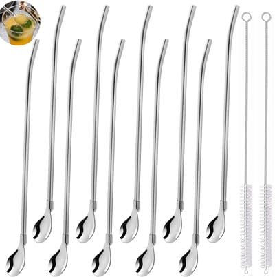 10 Stuks Herbruikbare Roestvrijstalen Smoothie Rietjes Reinigingsborstel | Lange metalen lepelrietjes voor cocktails, milkshakes en koffiedranken thuis en op reis