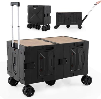 COSTWAY Bolderkar, opvouwbaar, handwagen met tafelblad, 2 opbergkisten, verstelbare handgreep en bekerhouders, 150 l, tuinwagen tot 60 kg belastbaar, transportwagen voor camping (zwart)