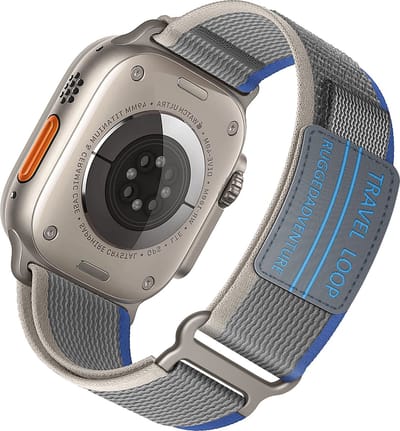 Stravo Trail Loop Sport bandje Blauw/Grijs – Geschikt voor Apple Watch 46mm (Series 10/11), 45mm (Series 7/8/9), 44mm (Series 4/5/6, SE 1/2/3), 49mm (Ultra 1/2/3) – Zachte nylon Zachte nylon Horlogebandje met klittenbandje