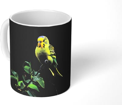 Mok - Koffiemok - Parkiet - Tak - Bladeren - Geel - Mokken - 350 ML - Beker - Koffiemokken - Theemok