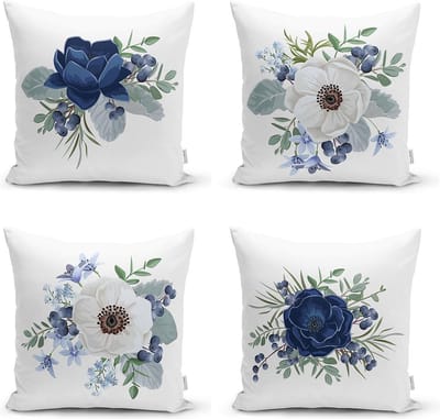 Zethome - Vierkantjes Kussenhoes - Kussenhoesjes Bloemen -  43 x 43 cm - Dubbelzijdig Bedrukt – Soft Touch – Blauw Witte - Kussens Woonkamer - 4 stuk