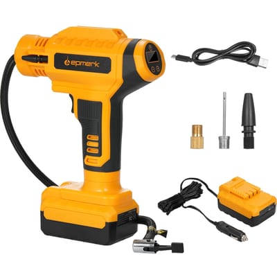 Compresseur d'air de gonfleur de pneu sans fil Lepmerk 20 V alimenté par batterie rechargeable 150 PSI portable jaune