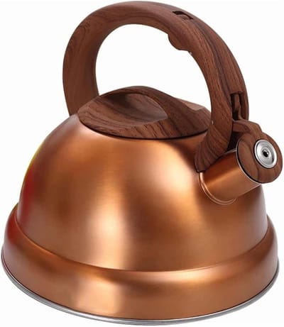 Waterkoker Fluitketel - Kookketel RVS - Koffie Thee Zetten - Houtnerf Handvat - 3 Liter Capaciteit - Brons