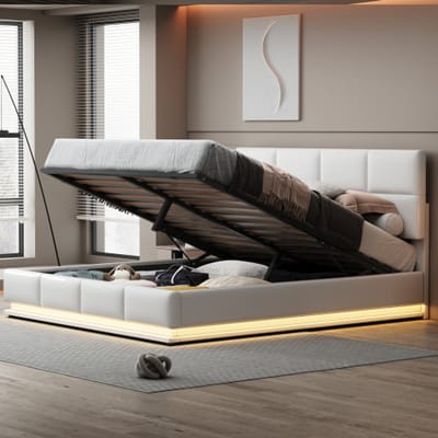 Gestoffeerd Tweepersoonsbed 180x200 cm met LED-verlichting, Hydraulische Opbergruimte, Bedlade en Lattenbodem – Kunstleer, Wit