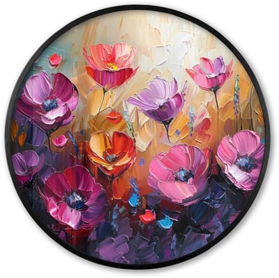 Poster in lijst Rond - Fotolijst 60x60 cm - Posters - Bloemen - Paars - Kleurrijk - Handgeschilderd - Kunst - Ronde posterlijst zwart - Decoratie - Wanddecoratie woonkamer - Muurdecoratie slaapkamer