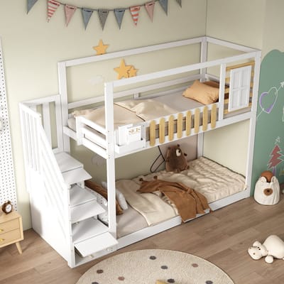 DESMIU Stapelbed 90x200cm Zonder Matras - Bed Met Trap En Raam - Opbergruimte In Trap En Zijvak - Voor Kinderkamer En Logeerkamer - Massief Hout En MDF - Wit Natuurlijk
