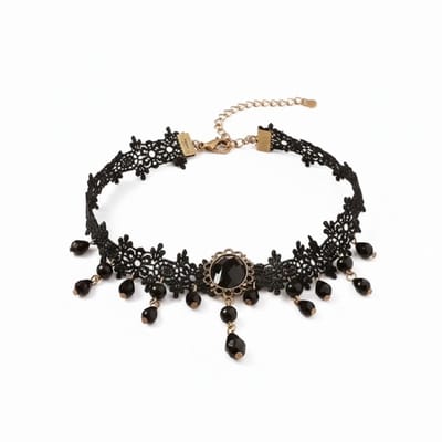 Zwartkleurige choker ketting voor dames – kant ketting met hanger – decoratie met kralen en steen