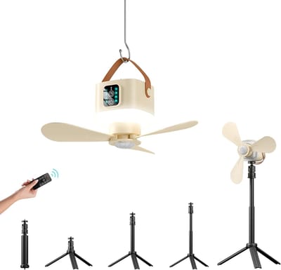 1 stuks Tentplafondventilator, campingventilator met 3600 mAh-accu, 2-in-1 staand en hangend ontwerp voor op de camping en in studentenkamers – beige