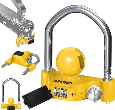 MASKO® Disselslot - Trekhaakslot - Koppelingsslot -Aanhangwagenslot Combinatieslot met 4-cijferige code voor gangbare aanhangerkoppelingen eenvoudig te monteren Diefstalbeveiliging voor caravans en aanhangwagens - Geel