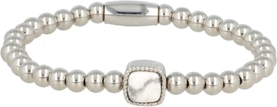 My Bendel - Zilverkleurige Elastische Bedelarmband met Howlite Edelsteen - Elastische Howlite Armband - Luxe Stainless Steel Design - met Luxe Cadeauverpakking | Sieraden Voor Dames | Maat M