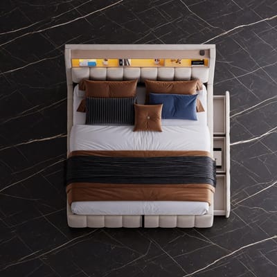 SmartLux LED Opbergbed 180x200 cm met USB en Type-C – Hydraulisch Tweepersoonsbed met Hoofdbord en Opbergruimte – Gestoffeerd Linen Bedframe met Verlichting – Modern Bed voor Volwassenen – Beige Merk: Mobili Bella