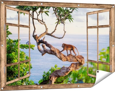 Gards Tuinposter Doorkijk Aap Klimt in een Boom aan het Water - 120x80 cm - Tuindoek - Tuindecoratie - Wanddecoratie buiten - Tuinschilderij