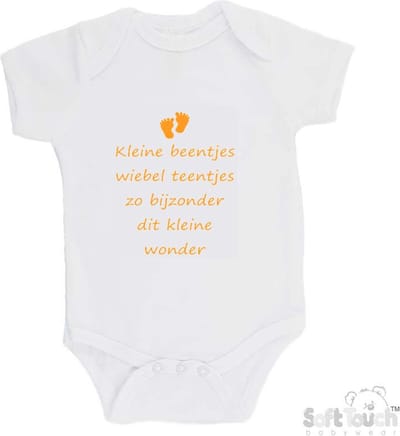 100% katoenen Romper "Kleine beentjes Wiebel teentjes Zo bijzonder Dit kleine wonder" Unisex Katoen Wit/mosterd Maat 62/68