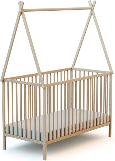 Houten Tipibed - Hutbed Peuter - Babykamer Inrichten - Verstelbare Bodem - 60x120 cm - Onbewerkt Beuken