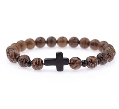 Houten kralen armband voor heren en dames met zwart kruis – elastisch – bruin en zwart – unisex sieradenaccessoire
