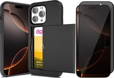Hoesje met Pasjeshouder geschikt voor iPhone 16 Pro - Privacy Screen Protector FullGuard - Back Cover SlideCase Zwart & Screenprotector