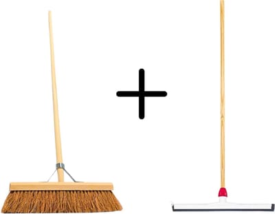 Synx Tools Coco Binnenbezem 40cm + Vloertrekker Kunststof 45cm met Steel 120cm - Zaalveger – Vloerreiniger – Natuurrubber – Zachte bezem kokos Met steel 160cm